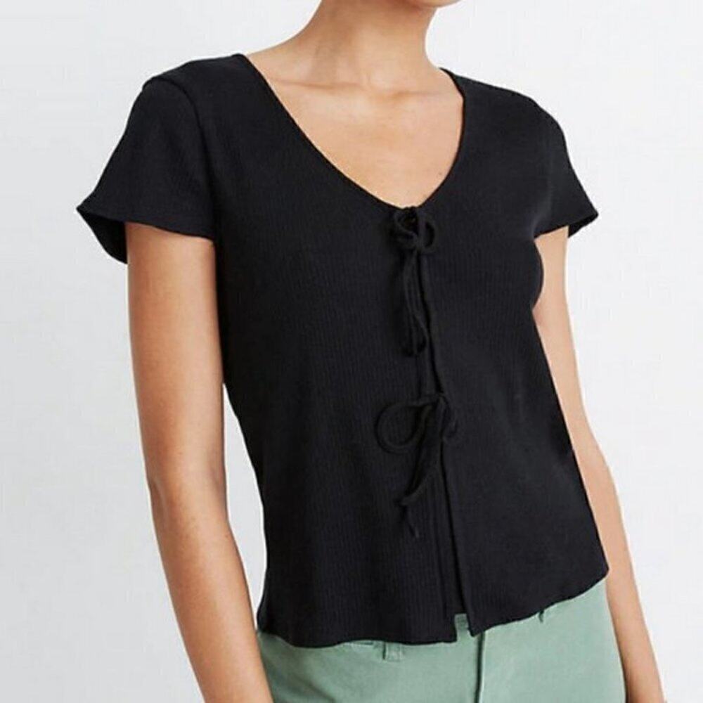 Madewell black  Ribbed Bow-Front Tee sz XS NWT